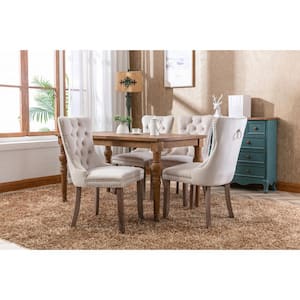 Modern High-End Beige Tufted Solid Wood Velvet Upholstered Dining Chair with Wood Legs Nailhead Trim Set of 2