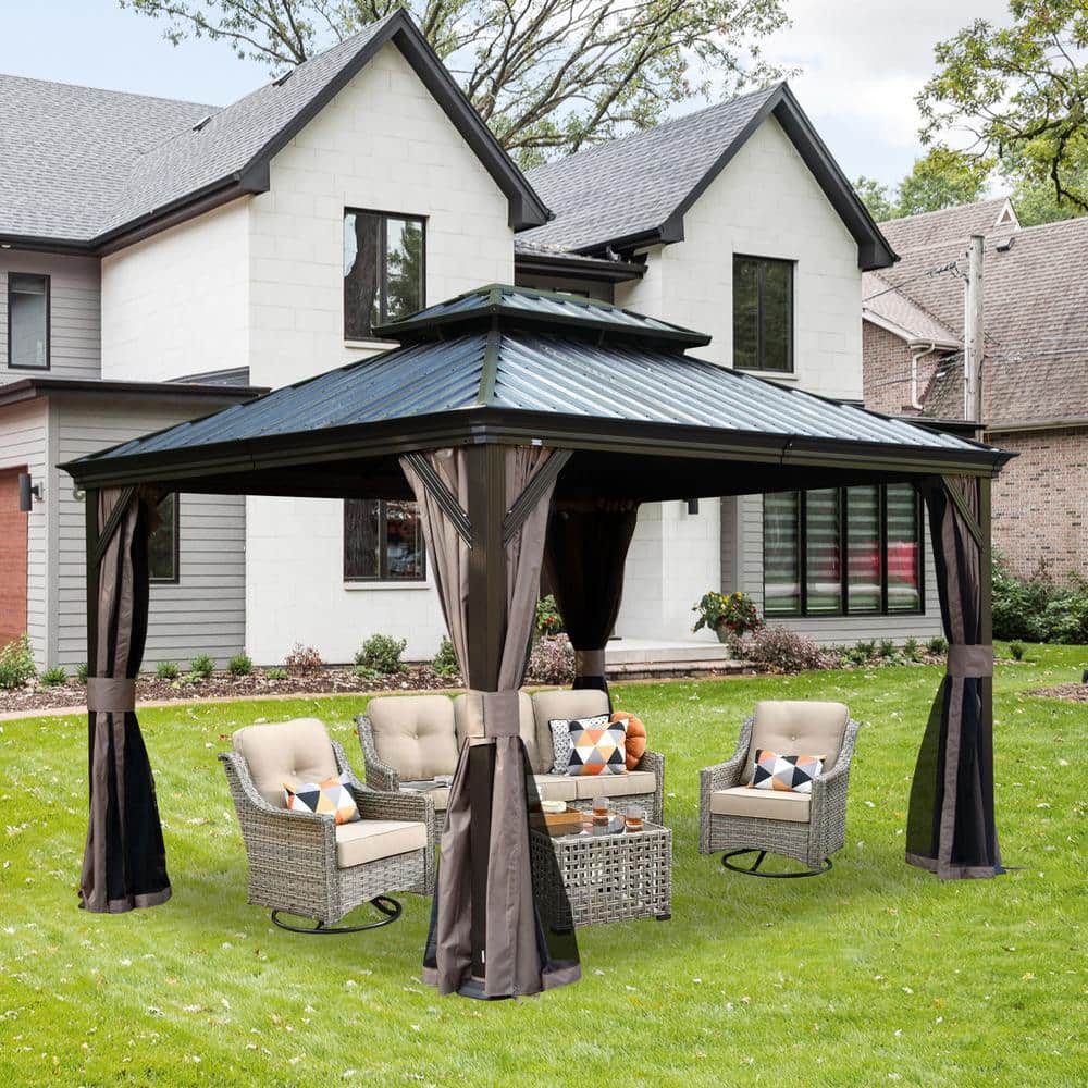 10' x 12' Brown Galvanized Steel Hardtop Gazebo with Curtains and Netting