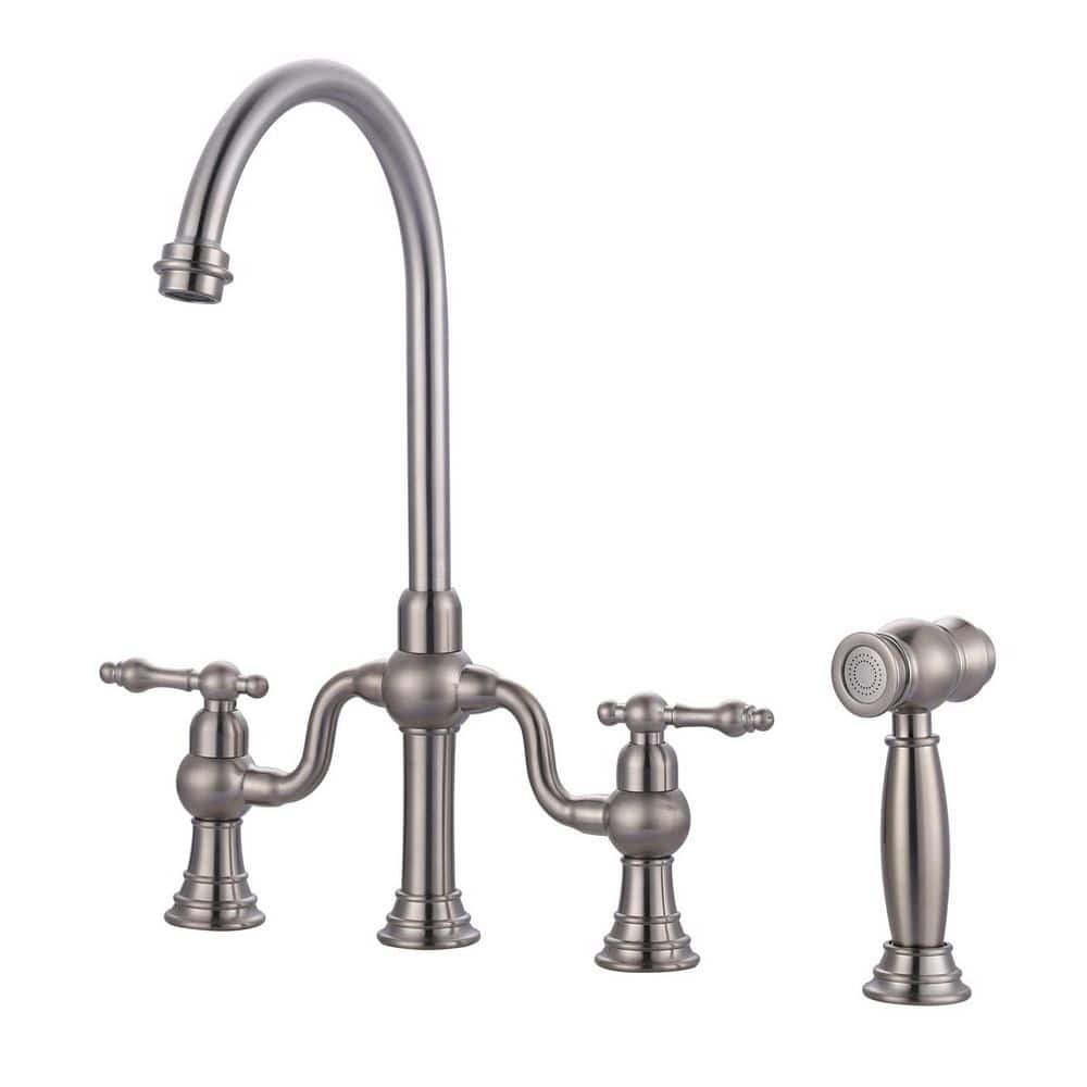Double Handle Deck Mounted Brass Bridge Kitchen Faucet with Side Sprayer in Brushed Nickel price history on PriceWatchPro