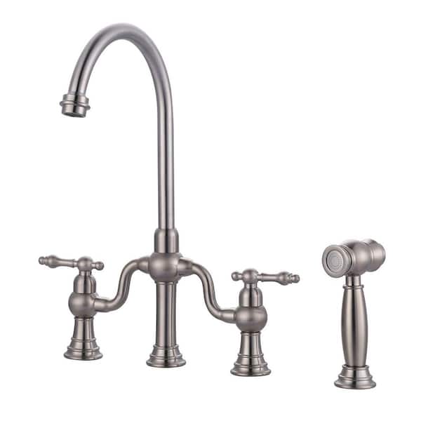 Double Handle Deck Mounted Brass Bridge Kitchen Faucet with Side Sprayer in Brushed Nickel