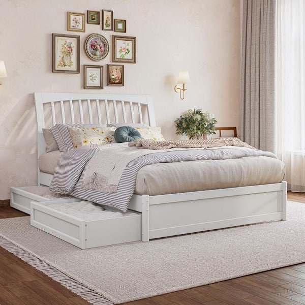 AFI Roslyn White Solid Wood Frame Full Platform Bed with Panel Footboard and Storage Drawers