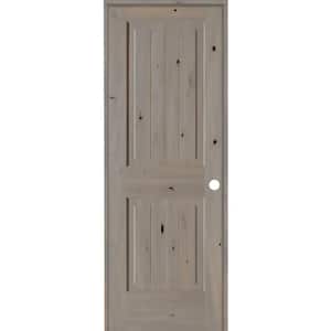 28 in. x 80 in. Knotty Alder 2 Panel Left-Hand Square Top V-Groove Grey Stain Solid Wood Single Prehung Interior Door