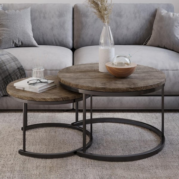 Round 29 in. Coffee Table Set-2-Piece Nesting Tables Gray-Brown Wood Grain-Look