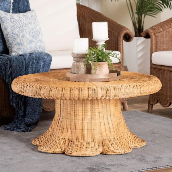 Avalon 35.4 in. Light Honey Round Natural Rattan/Wicker Coffee Table