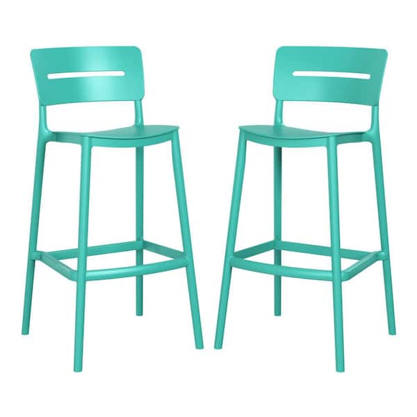 Frond and Form Modern Outdoor Patio Poly Plastic Stackable 29.5 in. Bar Stool (Set of 2), Turquoise