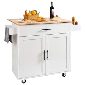 Kitchen Island Cart Top 35.4 in. W Mobile Carts with Storage Cabinet Rolling Kitchen Carts White