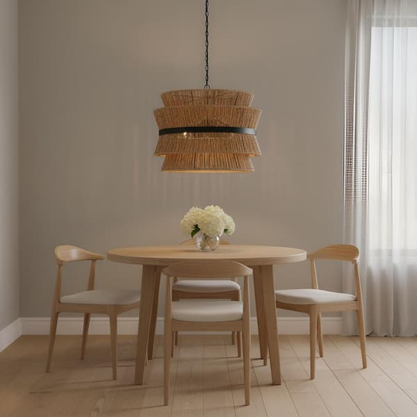 Thurlo 32 in. W x 24.375 in. H 4-Light Midnight Black Transitional Pendant Light with Natural Abaca Rope Steel Shade