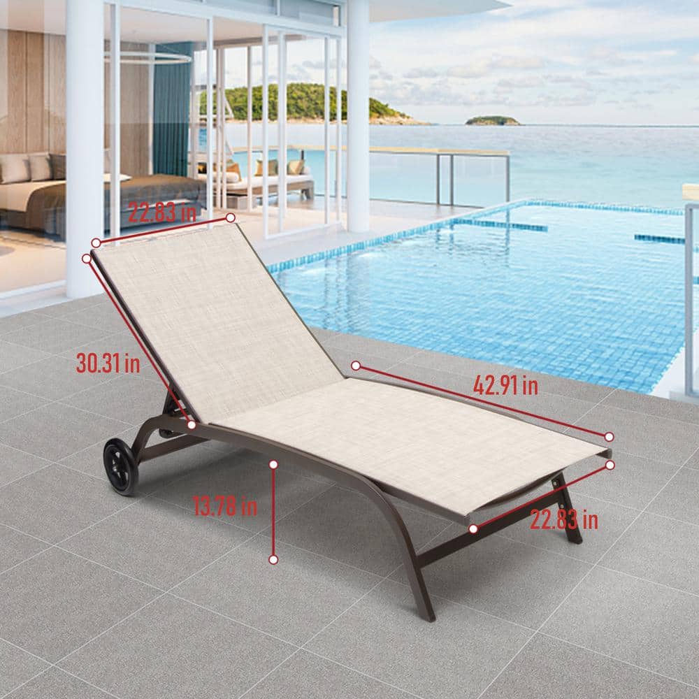 Beige Textilene Outdoor Chaise Lounge with Brown Metal Frame