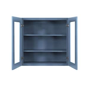 Lancaster Blue Plywood Shaker Stock Assembled Wall Glass-Door Kitchen Cabinet 30 in. W x 12 in. D x 30 in. H