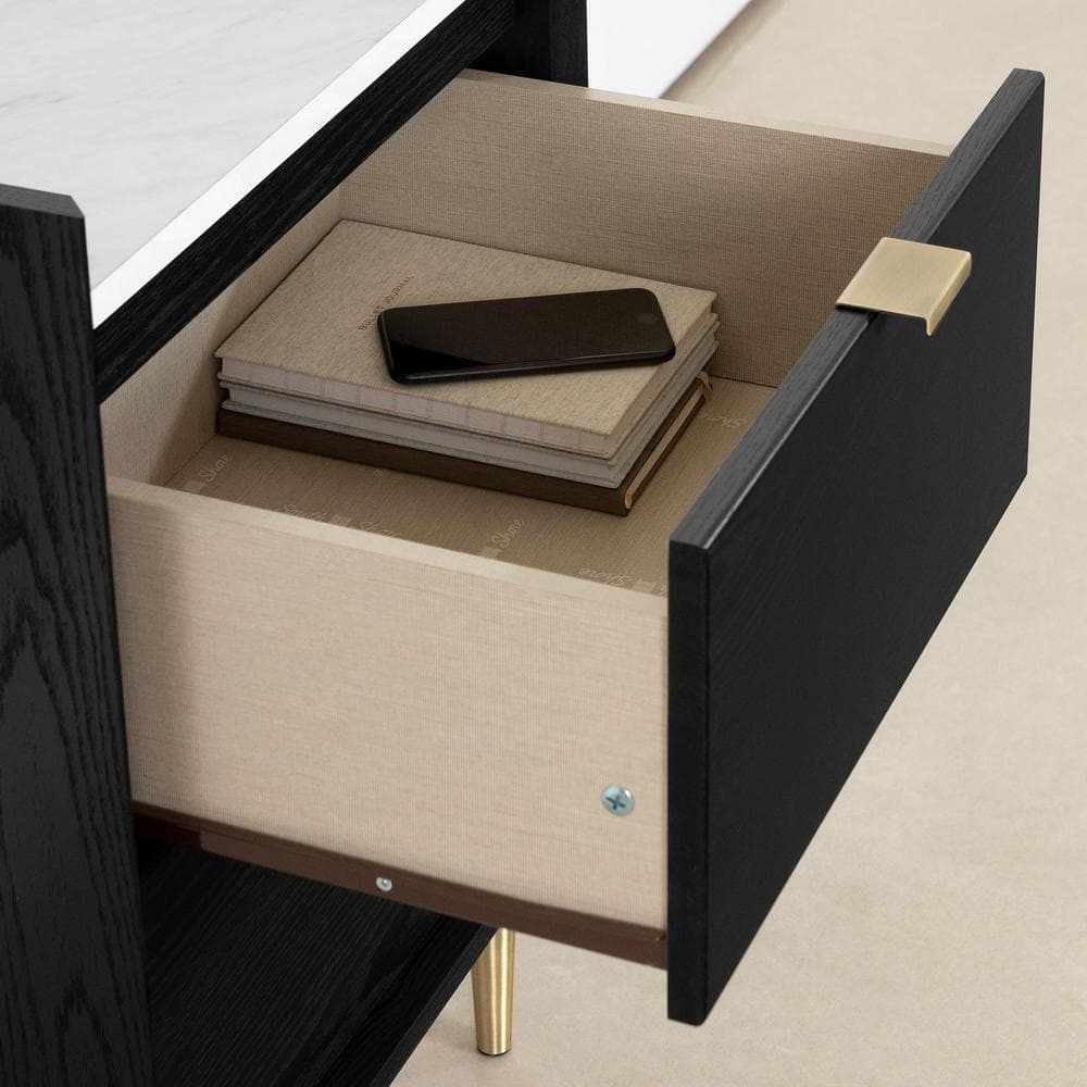 Black Oak and Faux Carrara Marble End Table with Storage