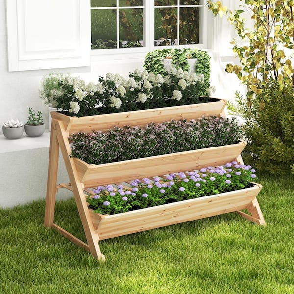 Gymax 43 in. x 9 in. x 6 in. Wood 3-Tier Raised Garden Bed with 2