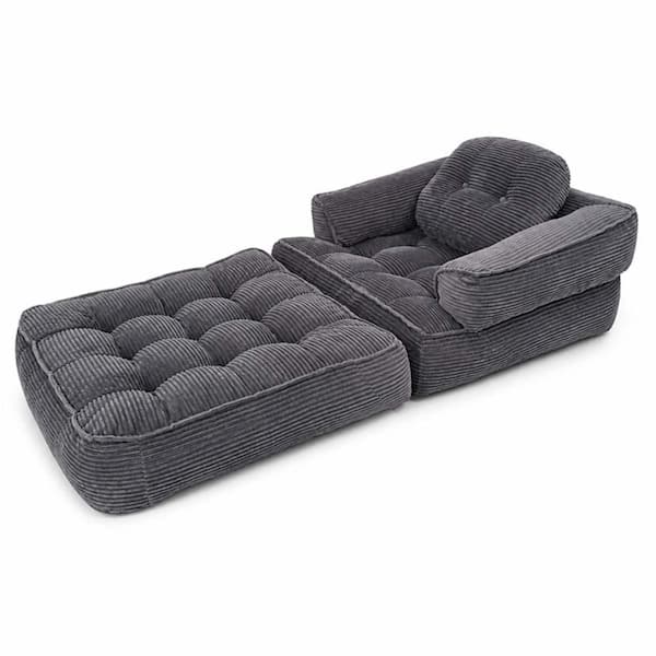 Dark Gray Corduroy Bean Bag Folding Sofa Convertible Sofa Bed with Armrest, 2-in-1 Portable Sofa Bed with Pillows