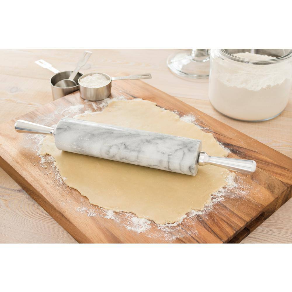 White Marble Rolling Pin with Aluminum Handles and Base