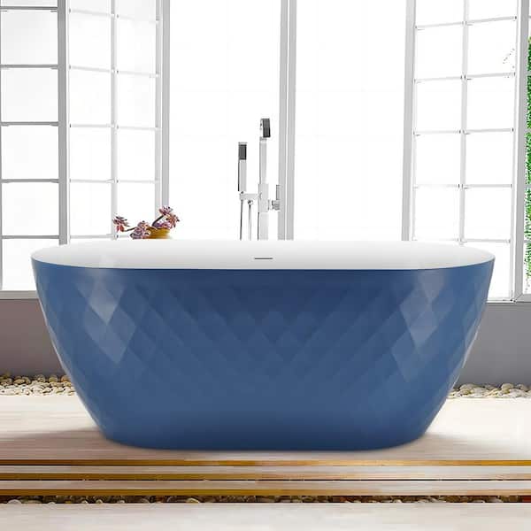 UPIKER Luxurious 59 in. x 28 in. Blue Acrylic Double Slipper Soaking Bathtub with Center Drain in Stainless Steel