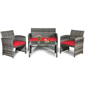 4-Piece Rattan Wicker Patio Conversation Set with Glass Table and Red Cushions