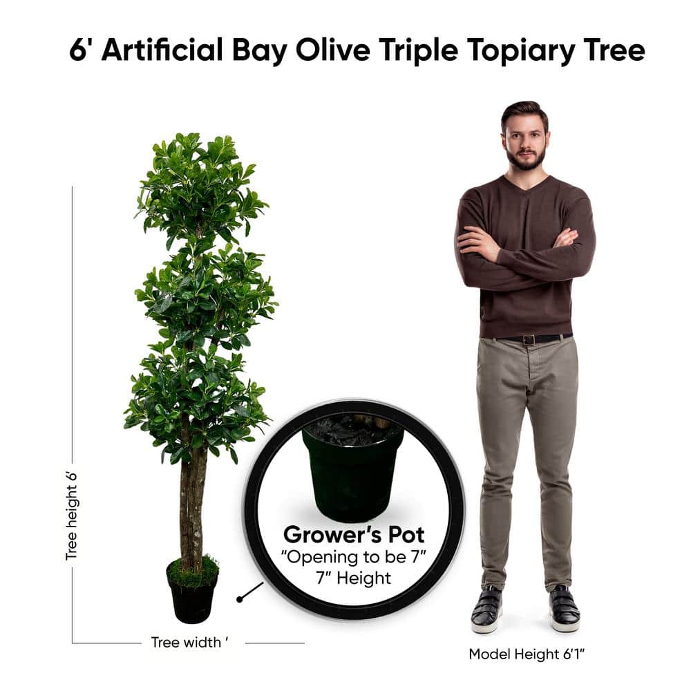 6' Artificial Bay Olive Triple Topiary Tree in Black Plastic Pot