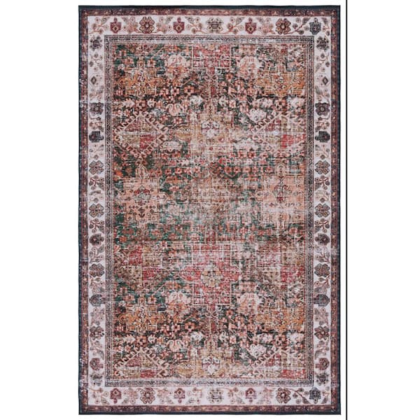 SAFAVIEH Tuscon Ivory/Green Doormat 3 ft. x 5 ft. Machine Washable Floral Border Area Rug