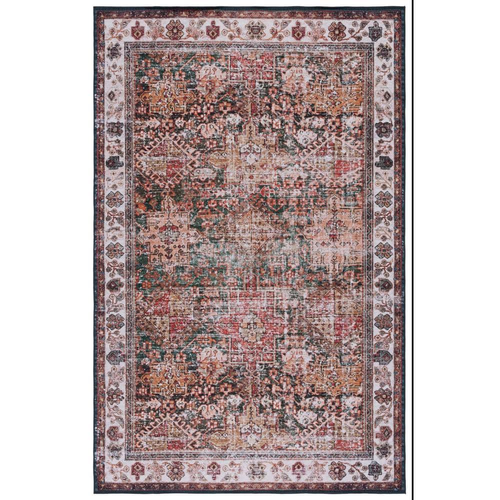 Ivory and Green Machine Washable Rectangular Area Rug