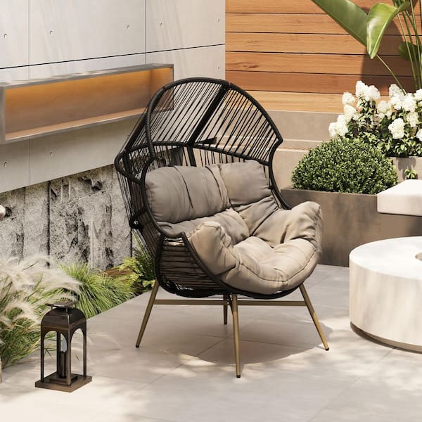 CHRISTOPHER KNIGHT HOME Camille Modern Wicker and Metal Patio Egg Chair Outdoor Lounge Chair with Khaki Cushions, Black