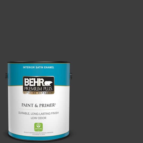 BEHR PREMIUM PLUS 1 gal. #PPF-59 Raven Black Satin Enamel Low Odor Interior Paint & Primer