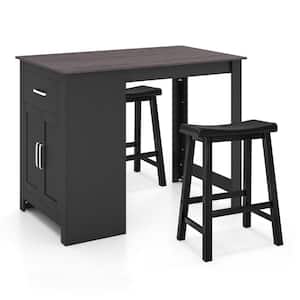 3 Pieces Bar Table Set Pub Dining Table with Saddle Stools and Storage Cabinet Black