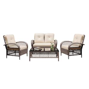 4--Piece Brown Wicker Patio Conversation Seating Set with Beige Cushions and Coffee Table
