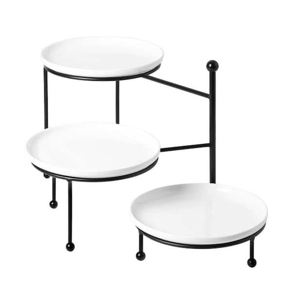 3-Tier Cake Stand with White Porcelain Plates, Dessert Table Display Set with Black Metal Stand for Entertaining