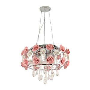 19.69 in. 5-Light Silver Modern Shaded Pendant Light with Pink and White Roses Ceramic Shade, No Bulbs Included