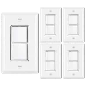 15A, Double On/Off Rocker Light Switch Single Pole Combination Interrupter with Wall plate in White - (5-Pack)