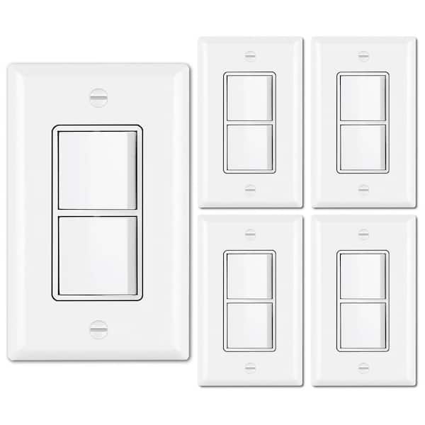 Etokfoks 15A, Double On/Off Rocker Light Switch Single Pole Combination Interrupter with Wall plate in White - (5-Pack)