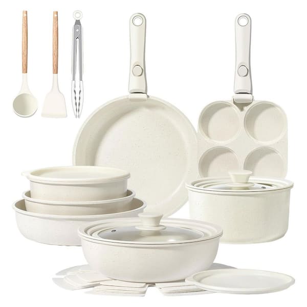 21 Piece Cream Ceramic Nonstick Cookware Set with Detachable Handle, PFAS PFOA PTFE Free, Oven Safe