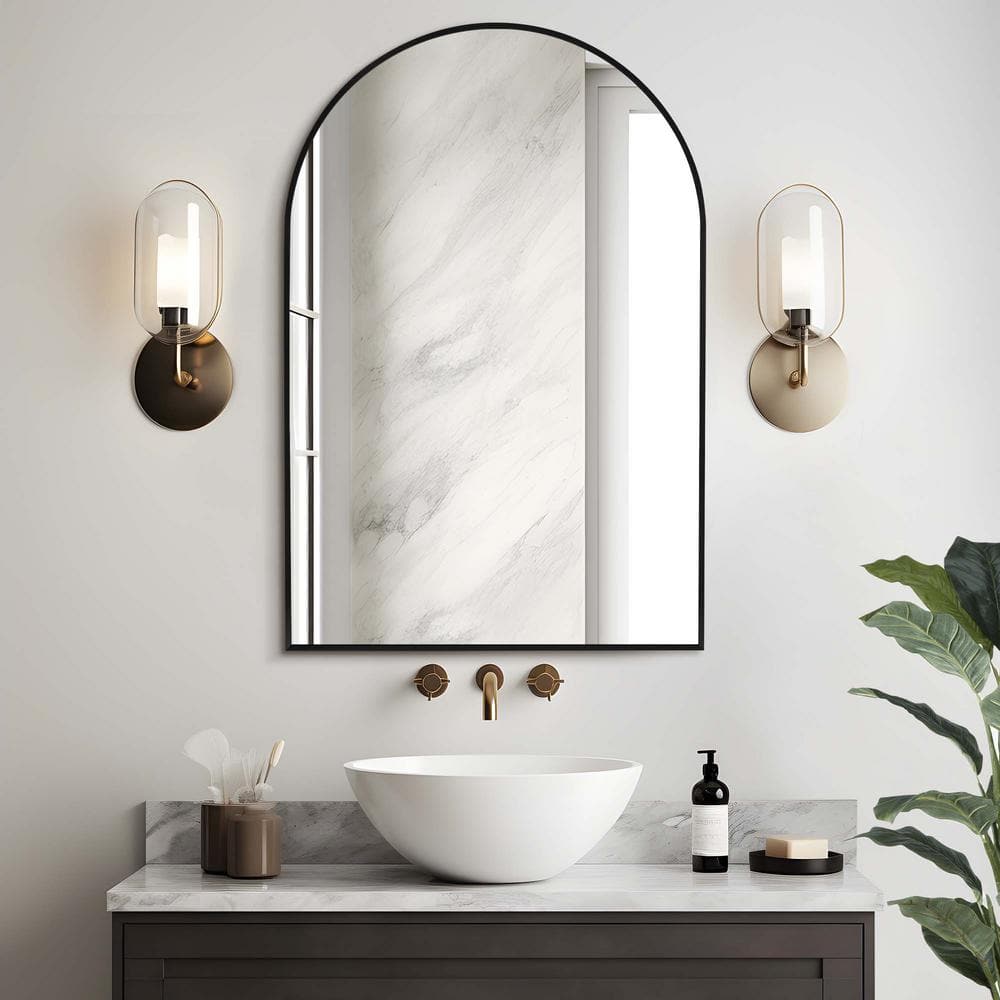 Black Metal Arched Wall Mirror with Sleek Frame