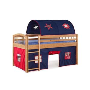 Addison Junior Loft Bed Cinnamon Finish with Blue Tent and Playhouse with Red Trim