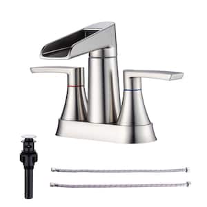 Waterfall Spout 4 in. Centerset 2-Handle Lavatory Bathroom Faucet with Drain kit Included in Brushed Nickel