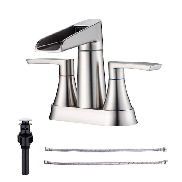 RAINLEX Waterfall Spout 4 in. Centerset 2-Handle Lavatory Bathroom Faucet with Drain kit Included in Brushed Nickel