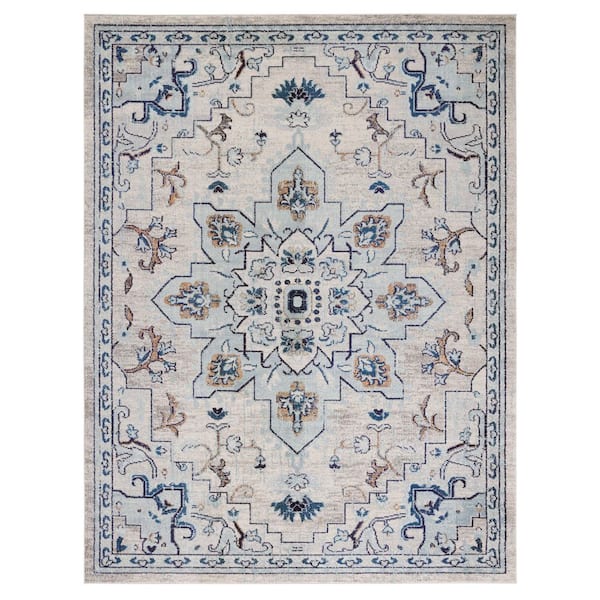 Madison Ivory/Light Blue 12 ft. x 15 ft. Border Geometric Floral Medallion Area Rug