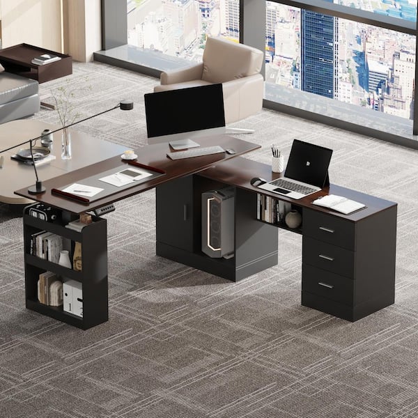FUFU&GAGA 63 in. W L-Shape Black & Wood Grain Wooden 3-Drawer Adjustable Height Computer Desk, Writing Desk with 5-Shelf & 1 Door