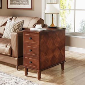 Calvin 11.81 in. W Fully Assembled Narrow Brown Wood End Side Table 3-Drawers Nightstand Bedside Table Small Spaces
