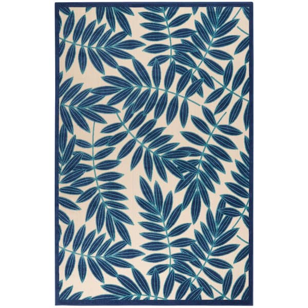 Nourison Aloha Navy 6 ft. x 9 ft. Floral Contemporary Indoor/Outdoor Patio Area Rug