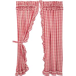 Annie Buffalo Check Red and White 40 in. W x 84 in. L Ruffled Farmhouse Cotton Light Filtering Rod Pocket Curtain Pair