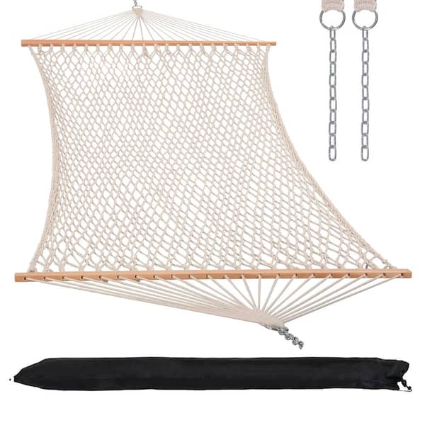 Atesun 13.1 ft. Portable 2-Person Rope Hammock with Bamboo Spreader Bar, Carrying Bag, Tree Hooks, Bottle Holder, Natural