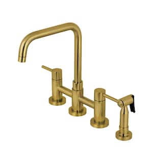 Concord Double Handle Deck Mount Gooseneck Bridge Kitchen Faucet with Brass Sprayer in Brushed Brass