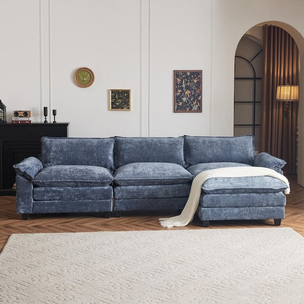 KD 120 in. Pillow Top Arm Chenille L-shaped Sofa in Blue with Ottoman