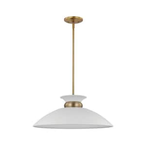 Perkins 100-Watt 1-Light Matte White/Burnished Brass Shaded Pendant Light with Black Metal Shade, No Bulbs Included