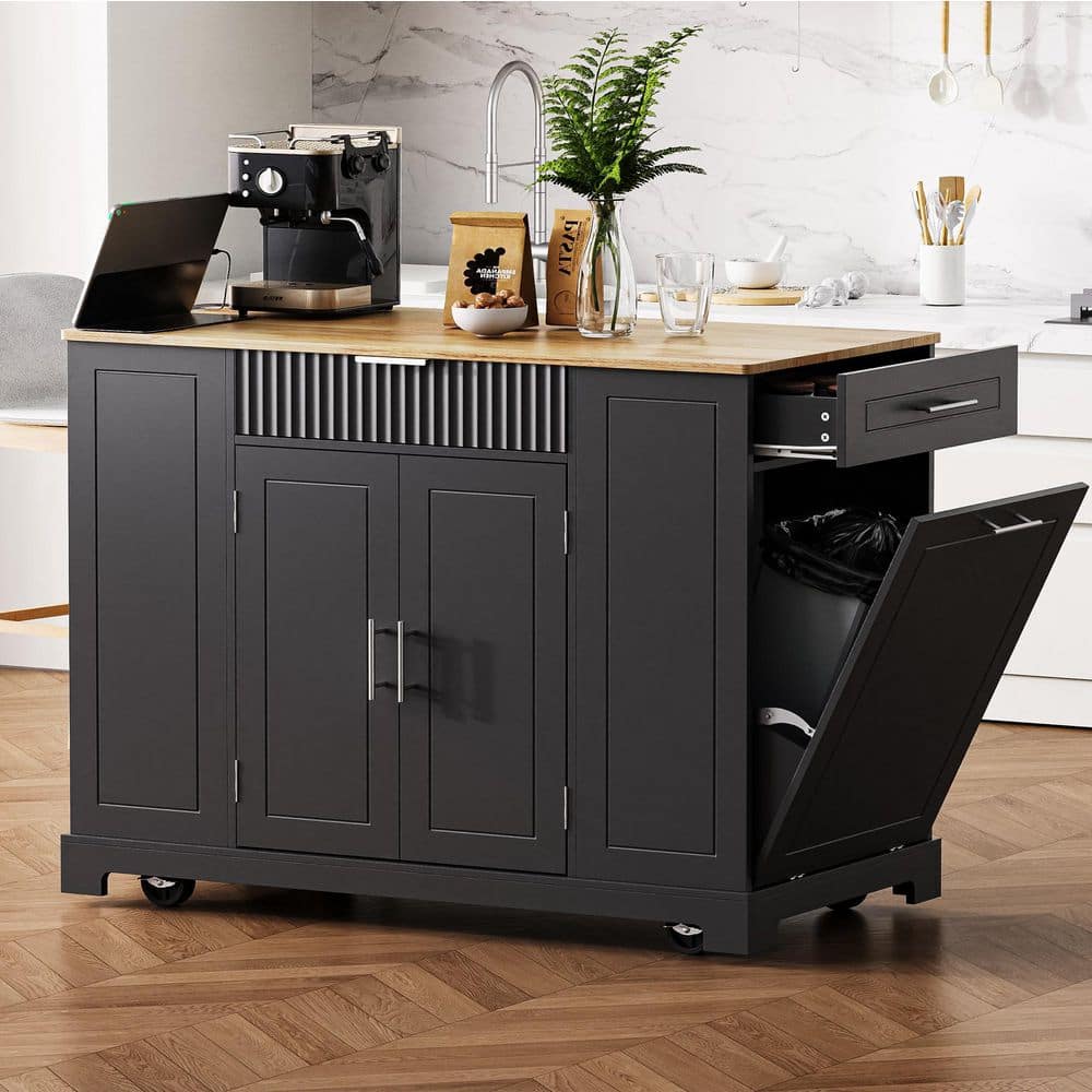 Ziyudura Rolling Black Wood Top 48.5 in. Kitchen Island Cart with Ziyudura Rolling Black Wood Top 48.5 in. Kitchen Island Cart with