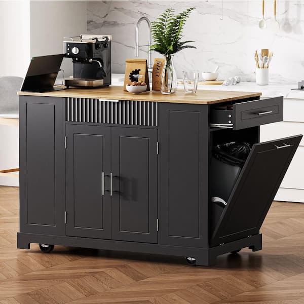 Rolling Black Wood Top 48.5 in. Kitchen Island Cart with Power Outlet, Tilt-out Trash Can, 3-Layer Open Shelves