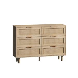 43 in. W x 16 in. D x 30 in. H 6-Drawers Rattan Storage Cabinet for Bedroom Living Room in Natural Wood Semi-Custom