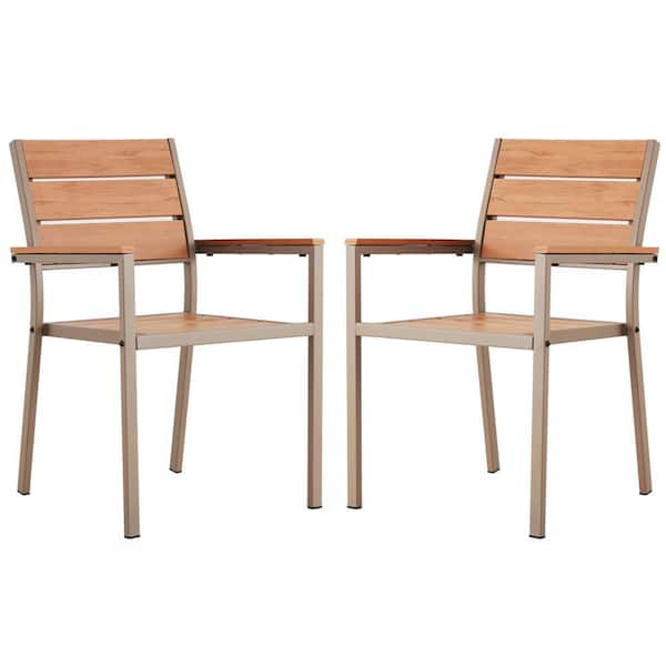 Unbranded Metal Outdoor Dining Chair in Brown Oak (Set of 2)