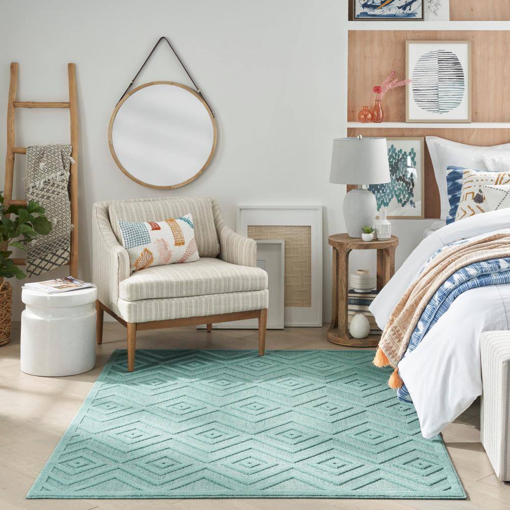 Aqua Teal Diamond 5' x 7' Easy-Care Synthetic Outdoor Rug