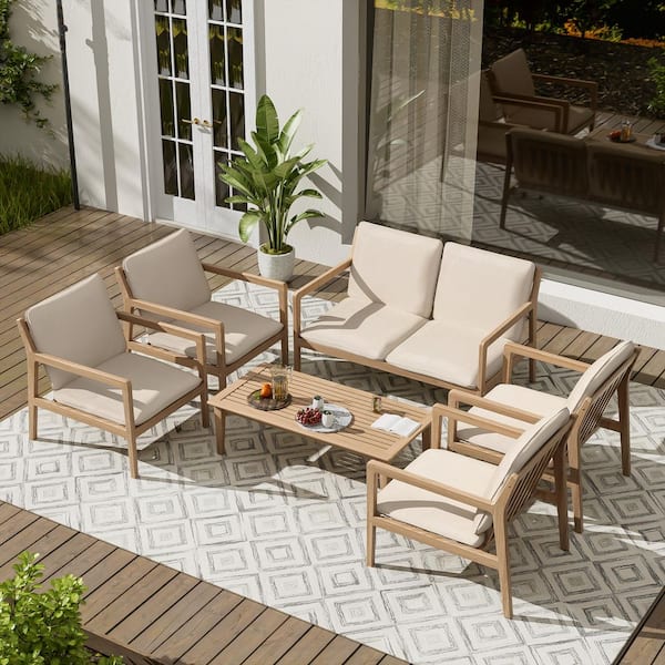 Agatha 6-Piece Outdoor Solid Wood Patio Conversation Set with Beige Cushions, Coffee Table, Light Teak